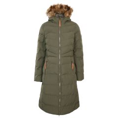 Audrey X Women's Long Length Padded Jacket in Dark Vine, Front view on mannequin