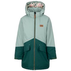Trespass Kids Waterproof Jacket Oleta in Teal Mist, Front view on mannequin