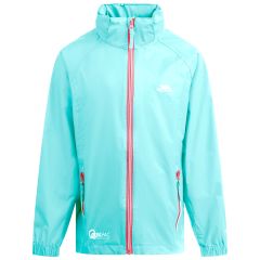 Trespass Kids Waterproof Packaway Jacket Zip Hood Qikpac X Aquamarine, Front view on mannequin