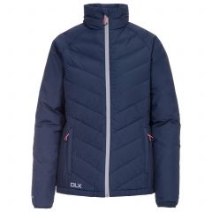 Sondra Women's DLX Down Jacket in Navy, Front view on mannequin