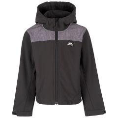 Trespass Kid's Softshell Jacket Trusty in BLACK, Front view on mannequin