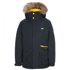 Upbeat Kids' Waterproof Parka Jacket in Black, Front view on mannequin