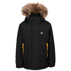 Trespass Kids Waterproof Coat Wyald in Black, Front view on mannequin