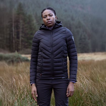 DLX Womens Padded Jacket Eco Friendly Althea in Black, Front view on mannequin