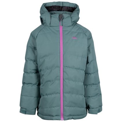 Trespass Kid's Padded Jacket Amira in Spruce green, Front view on mannequin
