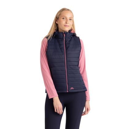 Trespass Womens Hooded Padded Gilet Aretha Navy Dusty Rose, Front view on mannequin
