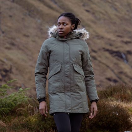 Bettany Women's DLX Waterproof Down Parka Jacket in Green, Front view on mannequin