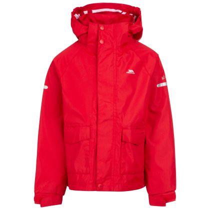 Trespass Kids' Waterproof Jacket Bluster in RED, Front view on mannequin