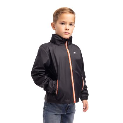 Trespass Kids Waterproof Jacket with Hood Breathable Briar Black, Front view on mannequin