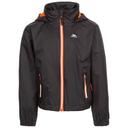 Trespass Kids Waterproof Jacket with Hood Breathable Briar Black, Front view on mannequin