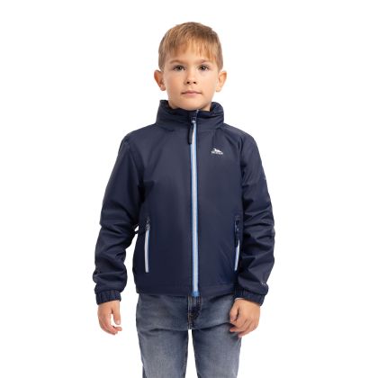 Trespass Kids Waterproof Jacket with Hood Breathable Briar Navy, Front view on mannequin
