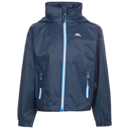 Trespass Kids Waterproof Jacket with Hood Breathable Briar Navy, Front view on mannequin