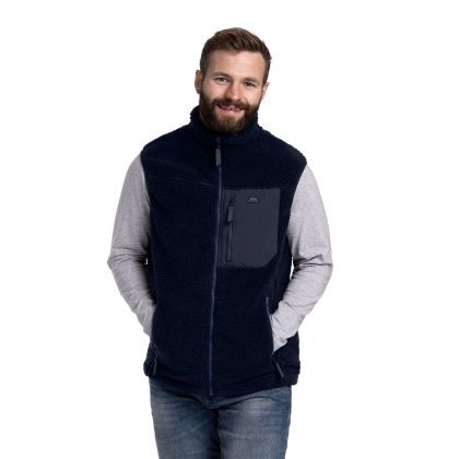Trespass Mens Fleece Gilet AT300 Buckless in Navy, Front view on mannequin