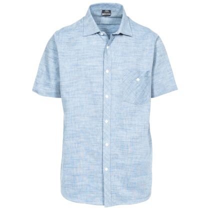 Buru Men's Chambray Short Sleeve Shirt in Light Blue, Front view on mannequin