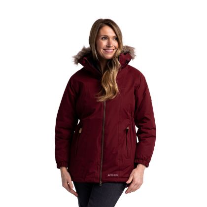 Women s Fleece Lined Parka Jacket Celebrity in DARK CHERRY, Front view on mannequin