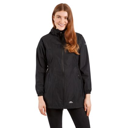 Trespass Womens Waterproof Jacket Long Length Daytrip Black, Front view on mannequin