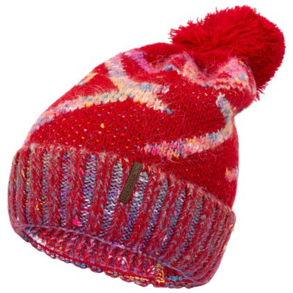 Trespass Women's Knitted Beanie Hat Diandra in RED, Hat at angled view