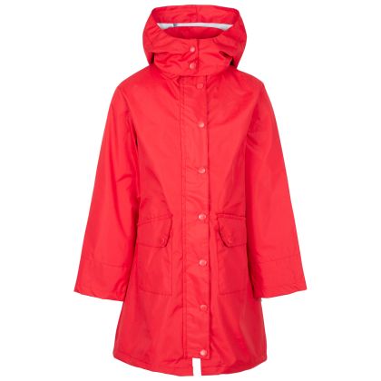 Trespass Girls' Waterproof Jacket Drizzling in RED, Front view on mannequin