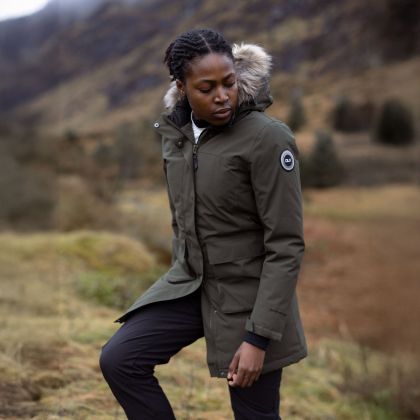 Trespass Womens DLX Parka Jacket Ellington in Dark Vine, Front view on mannequin