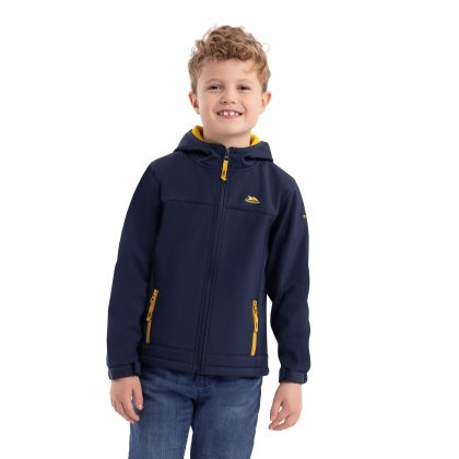 Trespass Kids Unisex Softshell Jacket Faster in Navy/sulphur, Front view on mannequin