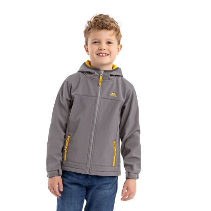 Kids Softshell Jacket Faster in STORM GREY_SULPHUR, Front view on mannequin