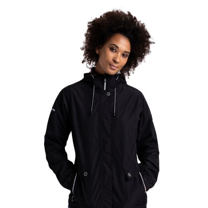 Womens Waterproof Jacket Tp75 Flourish in BLACK, Front view on mannequin