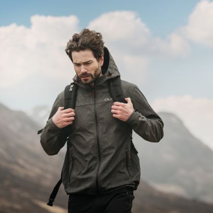 Gabe Men's DLX Softshell Jacket in Black, Front view on mannequin