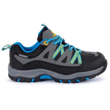 Trespass Kids Walking Shoes Waterproof Low Cut Gillon II in BLACK, Front view of footwear