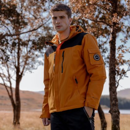 Trespass Mens DLX Waterproof Jacket Jenkins in Ginger, Front view on mannequin