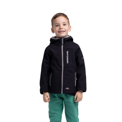 Kian Kids’ Softshell Jacket in Black, Front view on mannequin
