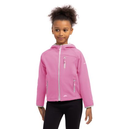 Trespass Kids' Softshell Jacket Kian in Carbon in Deep Pink, Front view on mannequin