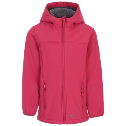 Trespass Girls Waterproof Softshell Jacket Long Kristen in Berry, Front view on mannequin