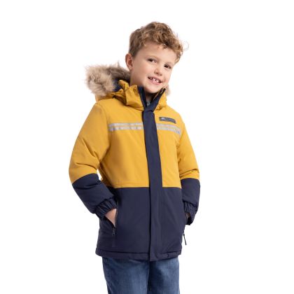Trespass Kids Waterproof Jacket Laytone in Honeybee, Front view on mannequin