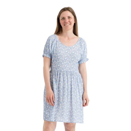 Womens Casual Short Sleeve Dress Margaret in Cool Blue Print, Front view on mannequin