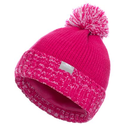 Trespass Kids Bobble Hat Knitted Fleece Lined Nefti Pink, Hat at angled view