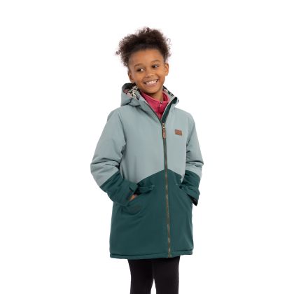 Trespass Kids Waterproof Jacket Oleta in Teal Mist, Front view on mannequin