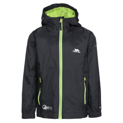 Qikpac Kids' Waterproof Packaway Jacket in Black, Front view on mannequin