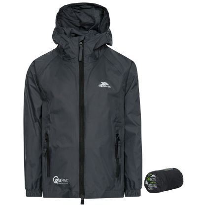 Qikpac Kids' Waterproof Packaway Jacket in Grey, Front view on mannequin