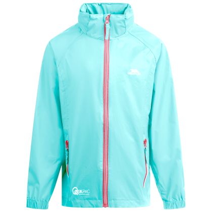 Trespass Kids Waterproof Packaway Jacket Zip Hood Qikpac X Aquamarine, Front view on mannequin
