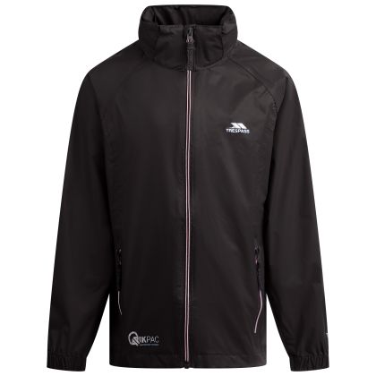 Trespass Kids Waterproof Packaway Jacket Zip Hood Qikpac X Black, Front view on mannequin