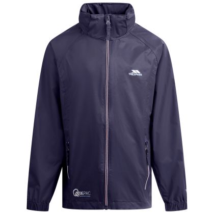 Trespass Kids Waterproof Packaway Jacket Zip Hood Qikpac X Navy, Front view on mannequin