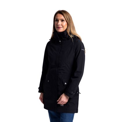 Trespass Womens Waterproof Jacket Rainy Day in BLACK, Front view on mannequin