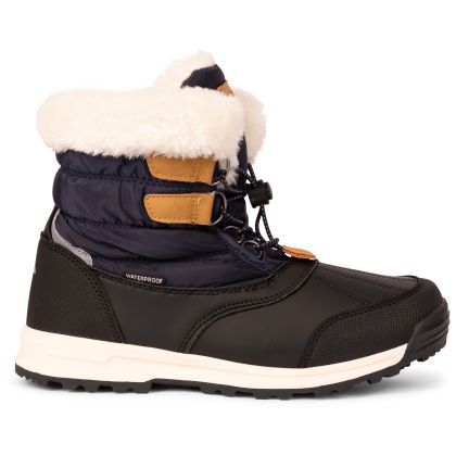 Ratho Youth Waterproof Snow Boots in Navy, Angled view of footwear
