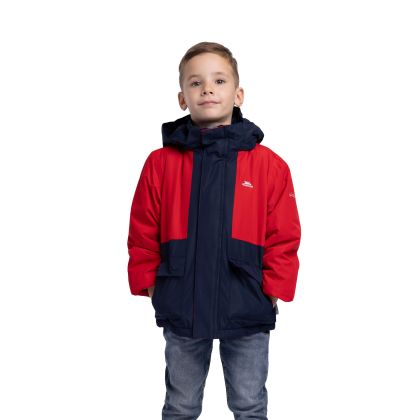 Trespass Kids' Waterproof Jacket TP50 Risk in RED, Front view on mannequin