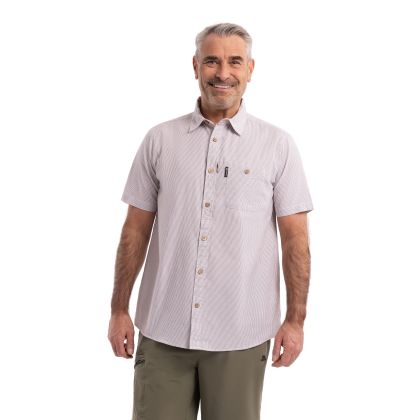 Trespass Mens Casual Woven Shirt Slapton Stripe in Oatmilk, Front view on mannequin