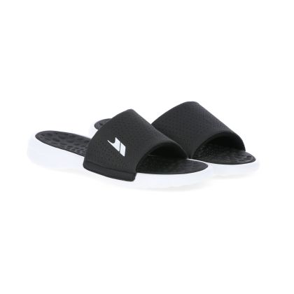 Slide Men's Cushioned Sandals in Black, Angled view of footwear