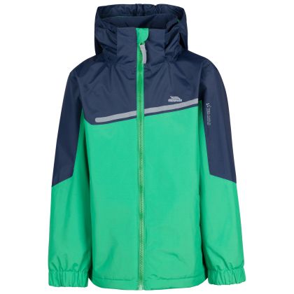 Trespass Kids Tp50 Waterproof Jacket Submerged in Clover / Navy, Front view on mannequin