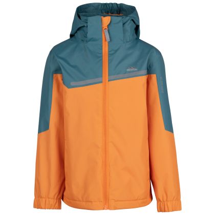 Trespass Kids Tp50 Waterproof Jacket Submerged in Pumpkin Spruce, Front view on mannequin