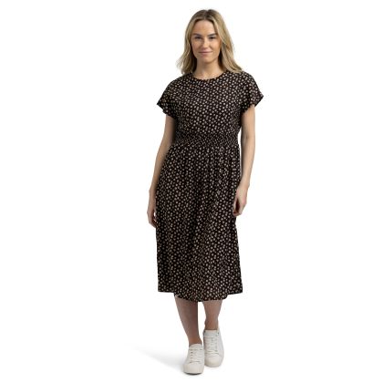 Womens Printed Round Neck Dress Susanne In Black Print, Front view on mannequin