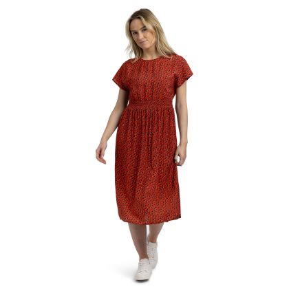 Womens Printed Round Neck Dress Susanne in Burnt Sienna Print, Front view on mannequin